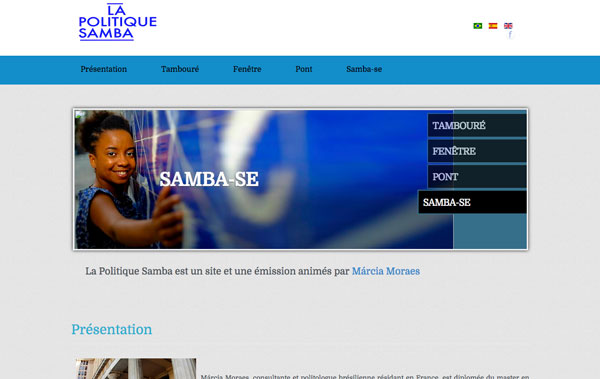 Capture écran du site web "La Politique Samba" avec menu de navigation et image de présentation.